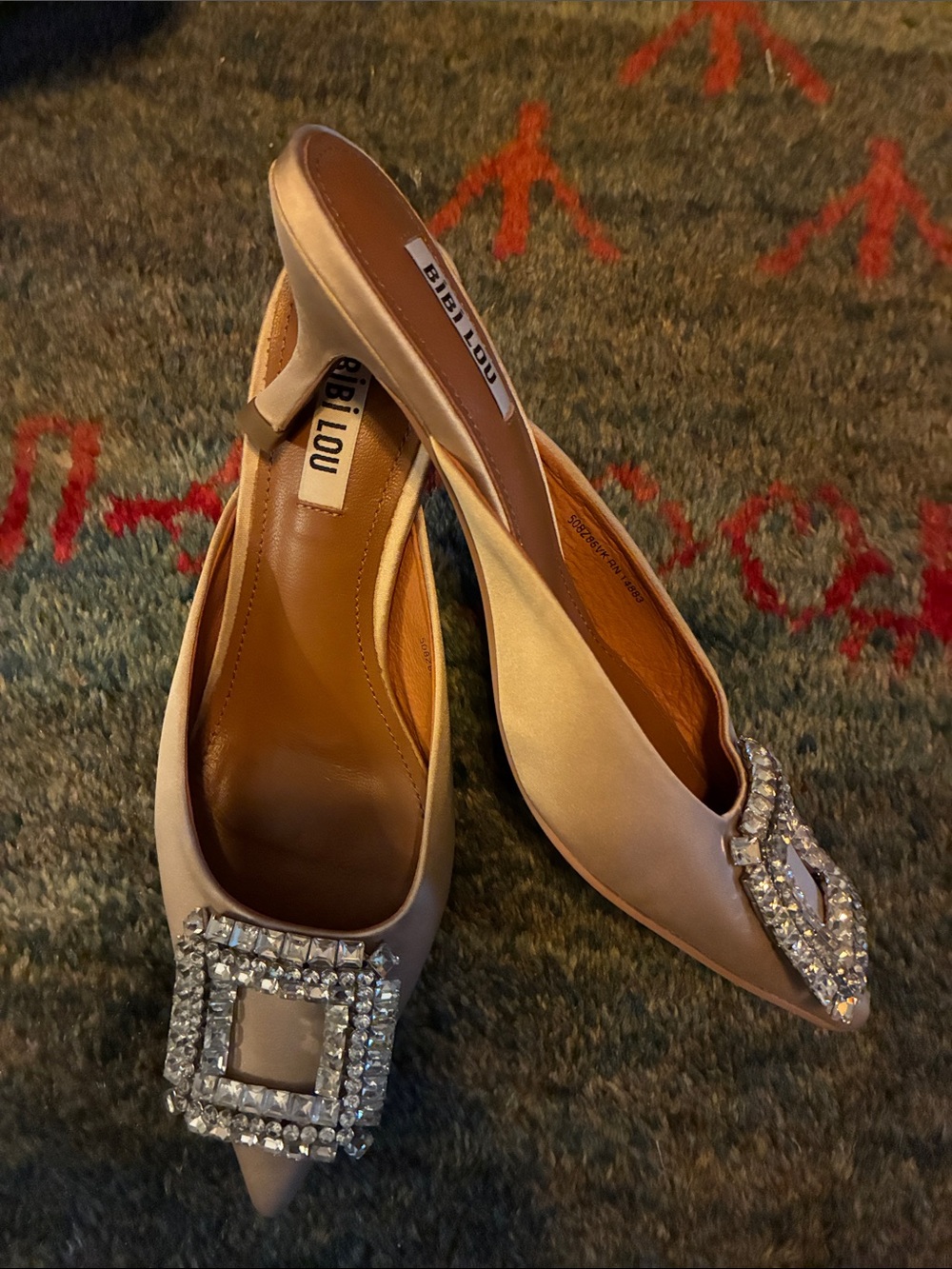 Bibi Lou Cream Satin Pointed Toe Slingback Mules with Crystal Buckles 37